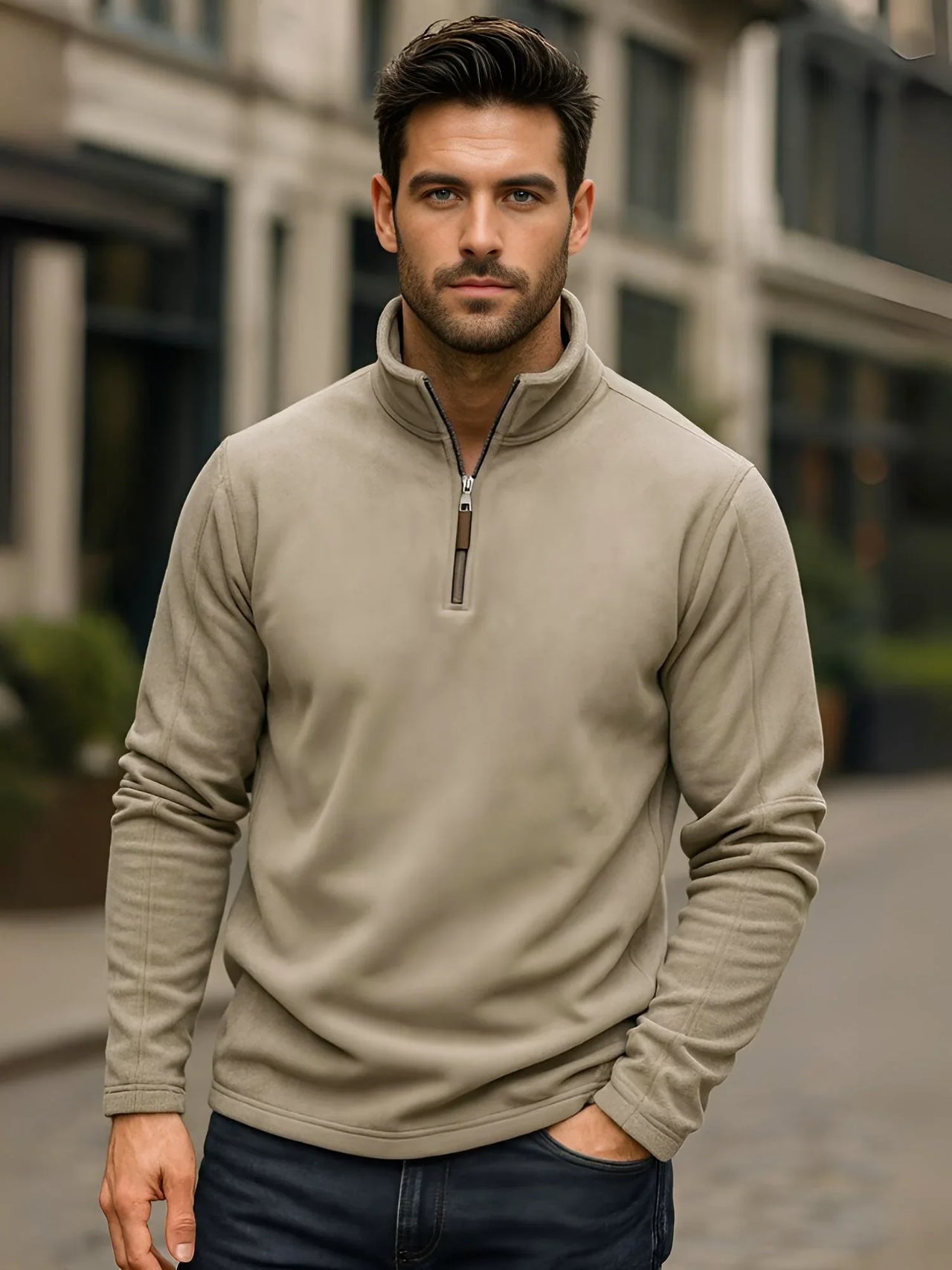 Man wearing a light green fleece pullover with a blurred building background