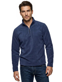 Thumbnail for Man wearing a navy blue long sleeve fleece pullover with a quarter zip and turn down collar on a white background