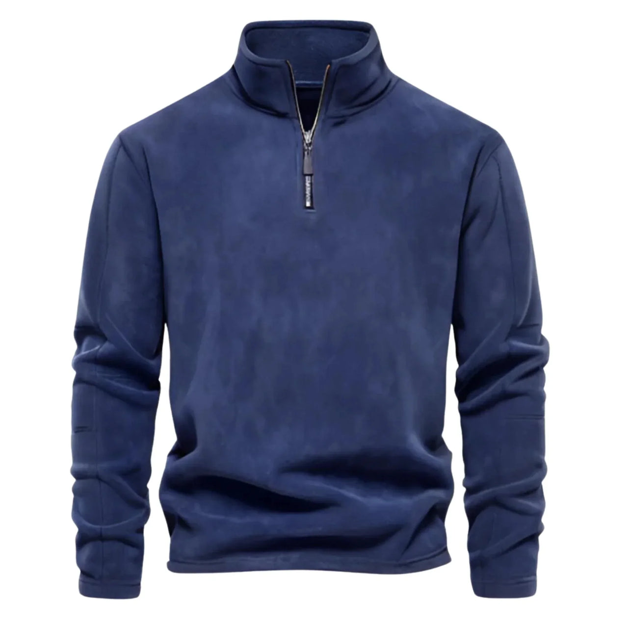Men's navy blue pullover with a quarter zip on a white background