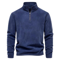 Thumbnail for Men's navy blue pullover with a quarter zip on a white background