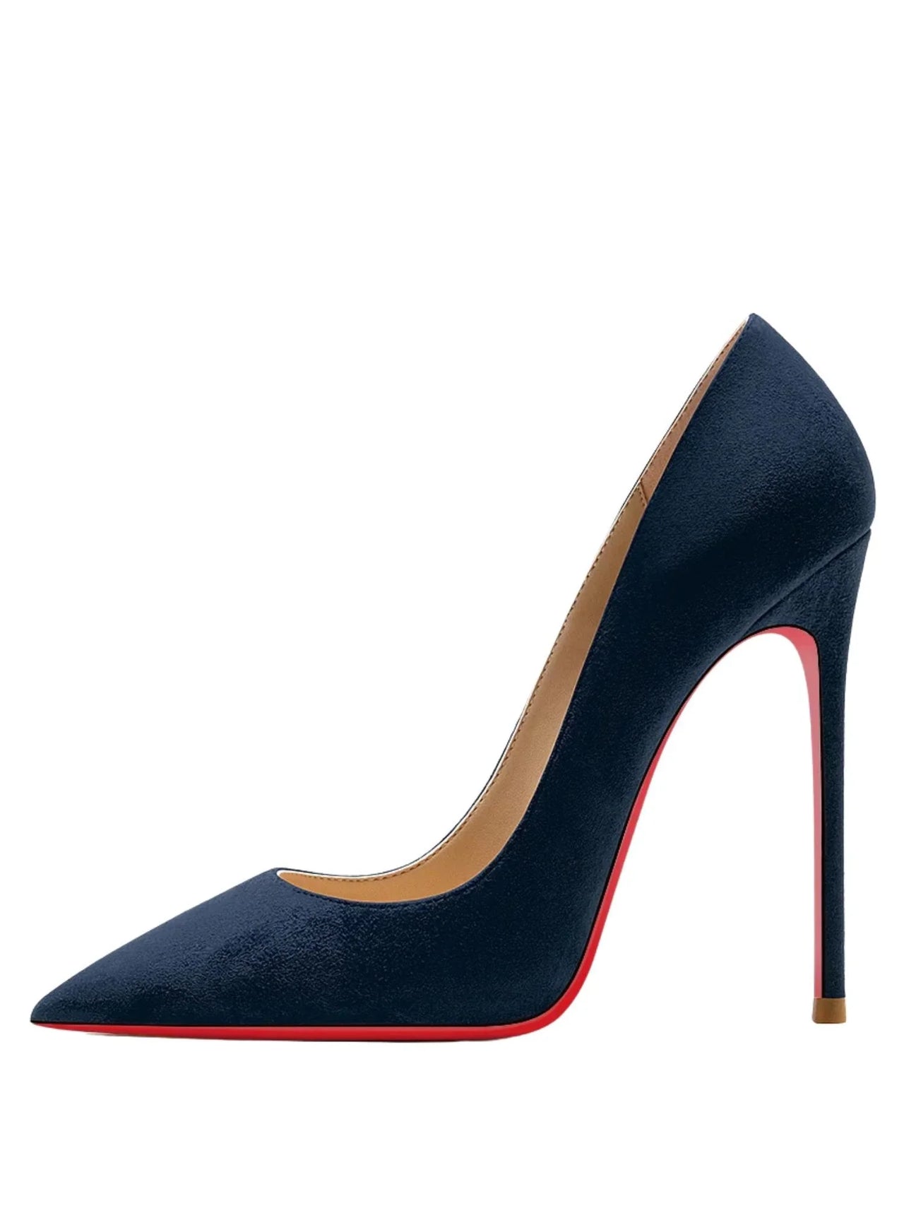 Navy blue high-heeled shoe with red sole on a white background
