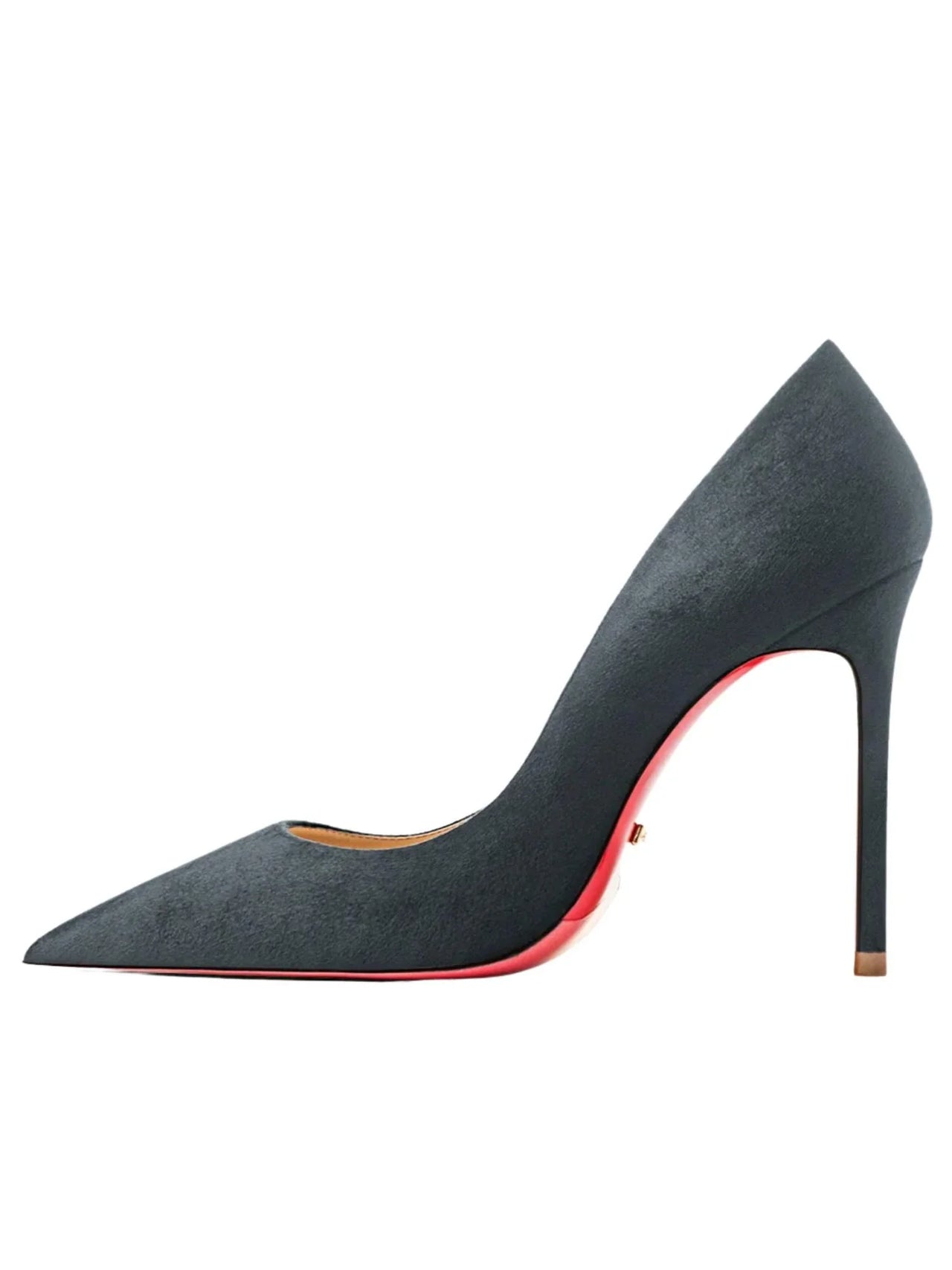 Dark grey high-heeled shoe with red sole on a white background