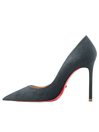 Thumbnail for Dark grey high-heeled shoe with red sole on a white background