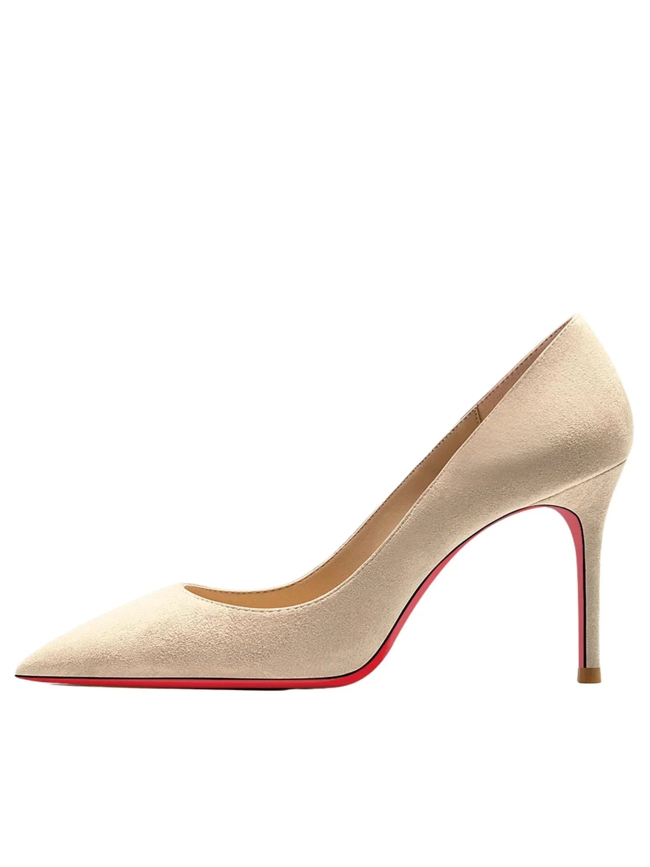 Nude high-heeled shoe with red sole on a white background