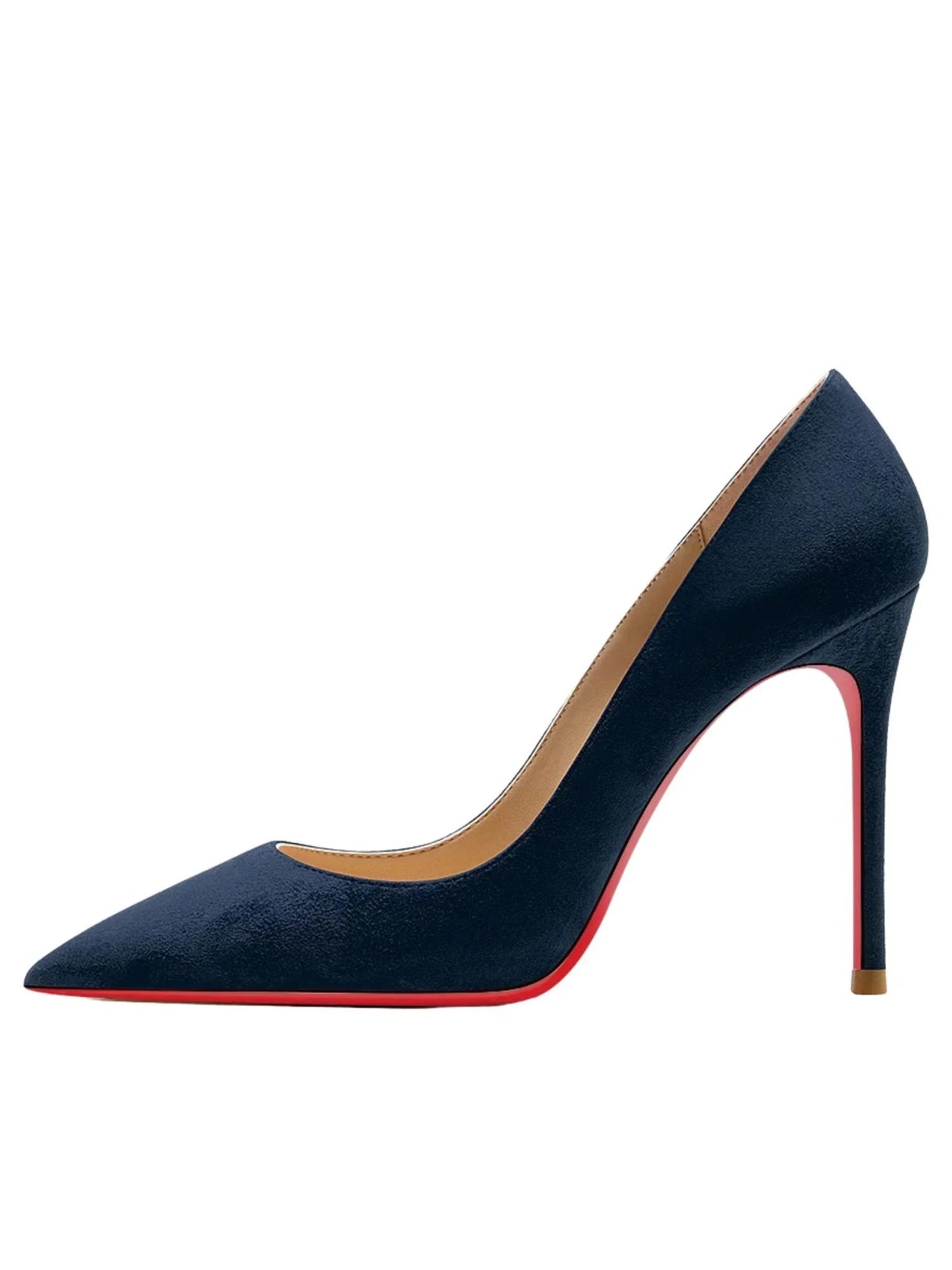 Navy blue high-heeled shoe with red sole on a white background