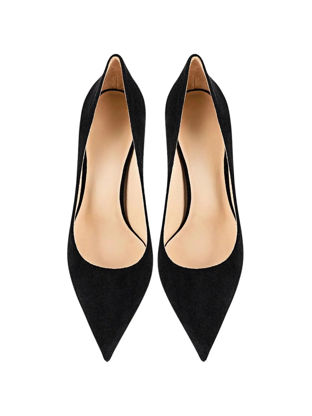 Pair of black high-heeled shoes with a red sole on a white background