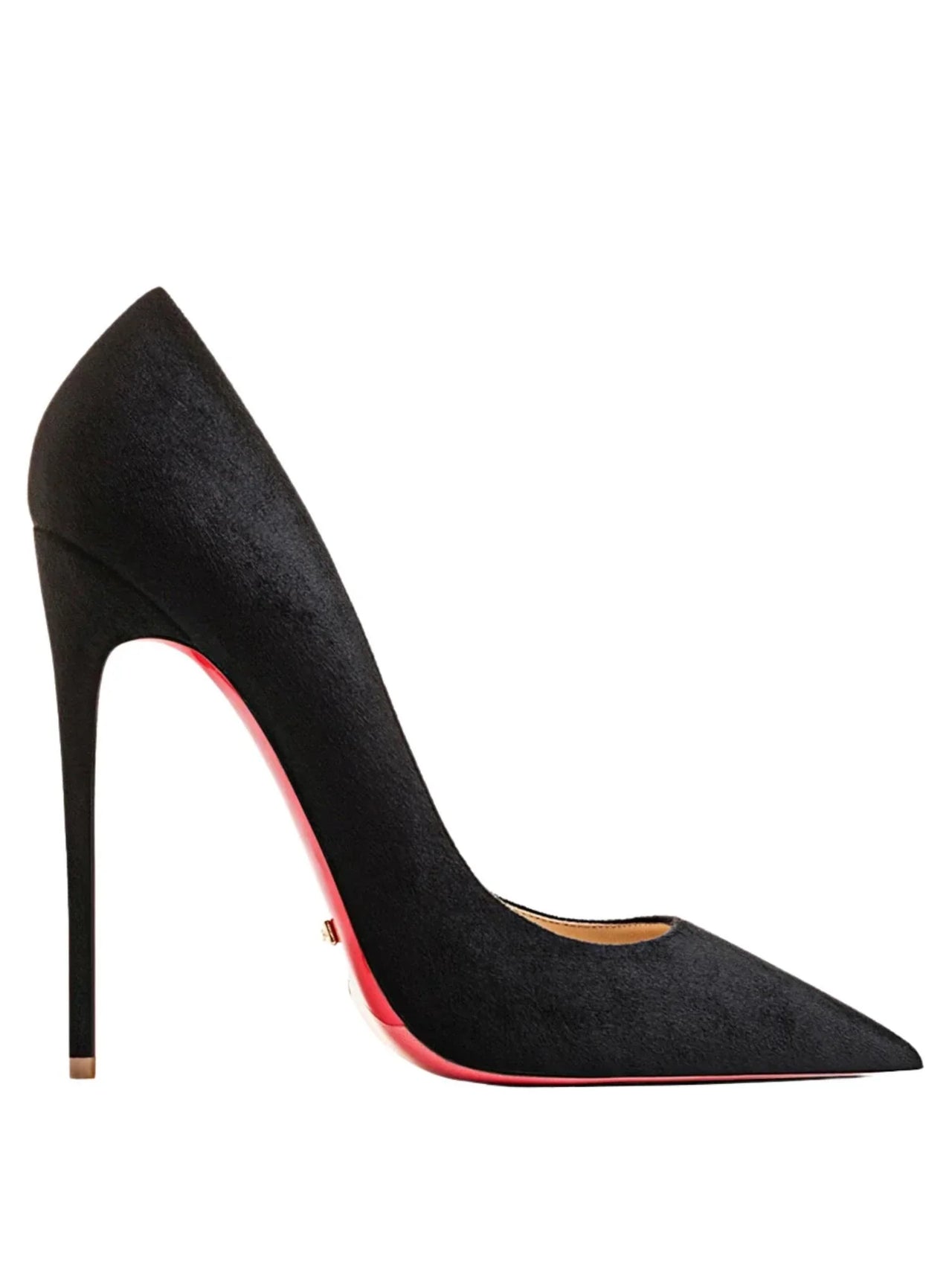 Black high-heeled shoe with red sole on a white background