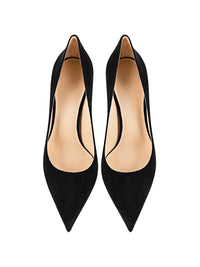 Thumbnail for Pair of black high-heeled shoes with a red sole on a white background