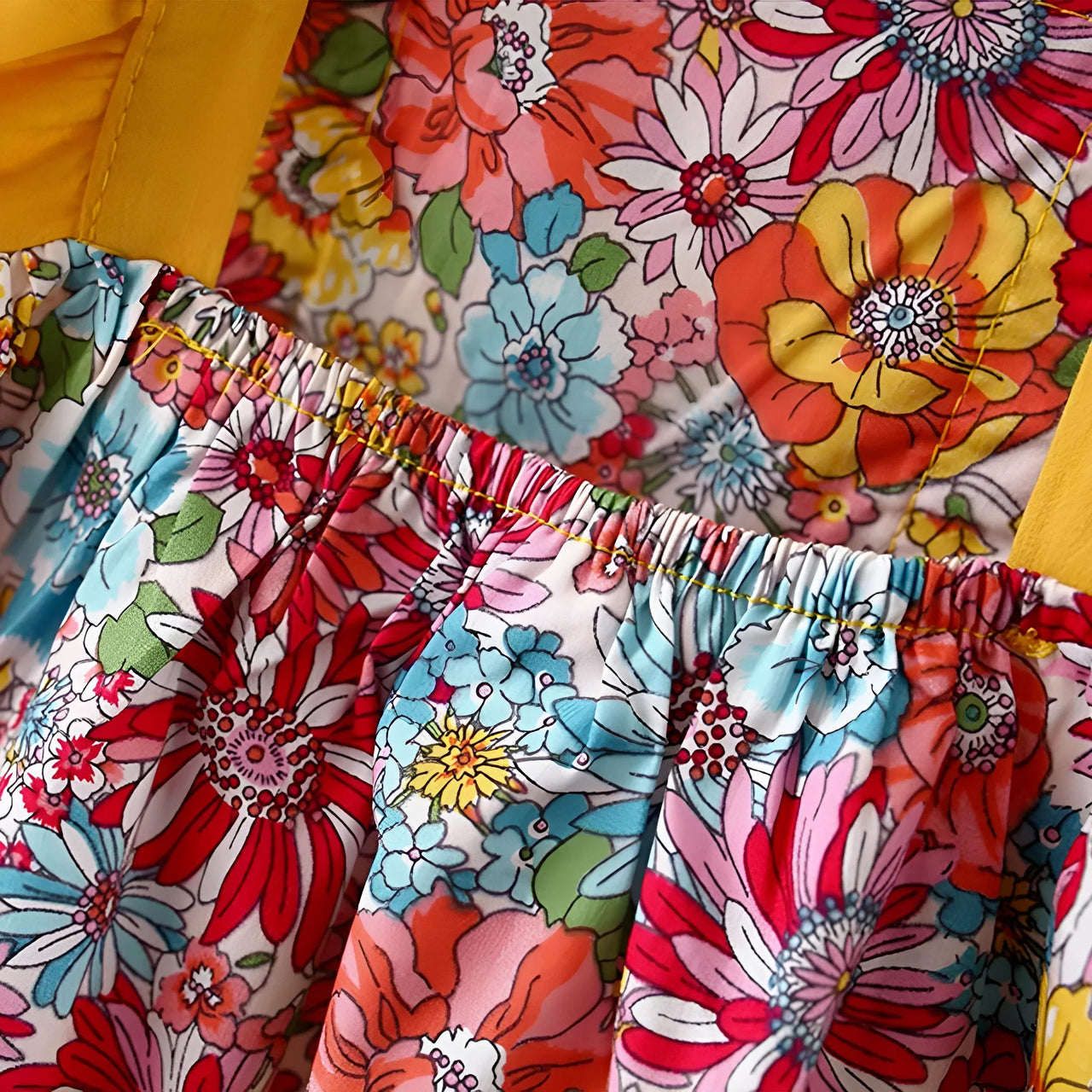 Colorful floral-patterned fabric with a close-up view of the design.