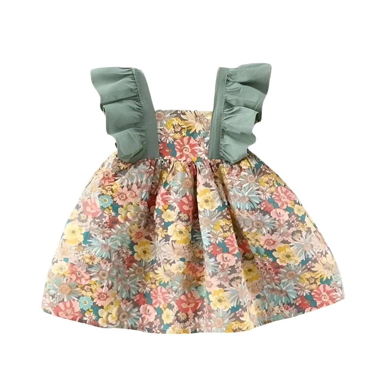 Floral dress with green straps on a white background