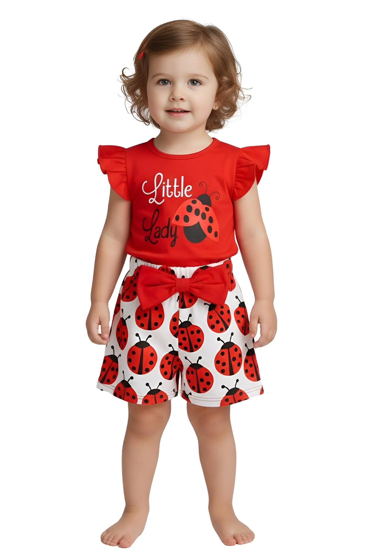 Child wearing a red top with 'Little Lady' text and ladybug design, paired with white shorts featuring red ladybugs on a white background.