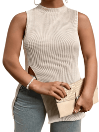 Thumbnail for Summer Popular Women's Plus Size Sleeveless Shirt Color Round-Neck Knitted Sleeveless Pullover Sexy Hollow Split Tight Hip Wrap Long Top, Drestiny, Beige, Casual Shirts, Sleeveless, 0XL, 1XL, 2XL, 3XL, 4XL, 5XL, United States, USA, Gender_Women, Australia, Canada, New Zealand, United Kingdom, UK, plus size tops, plus size shirts, shopdrestiny.com