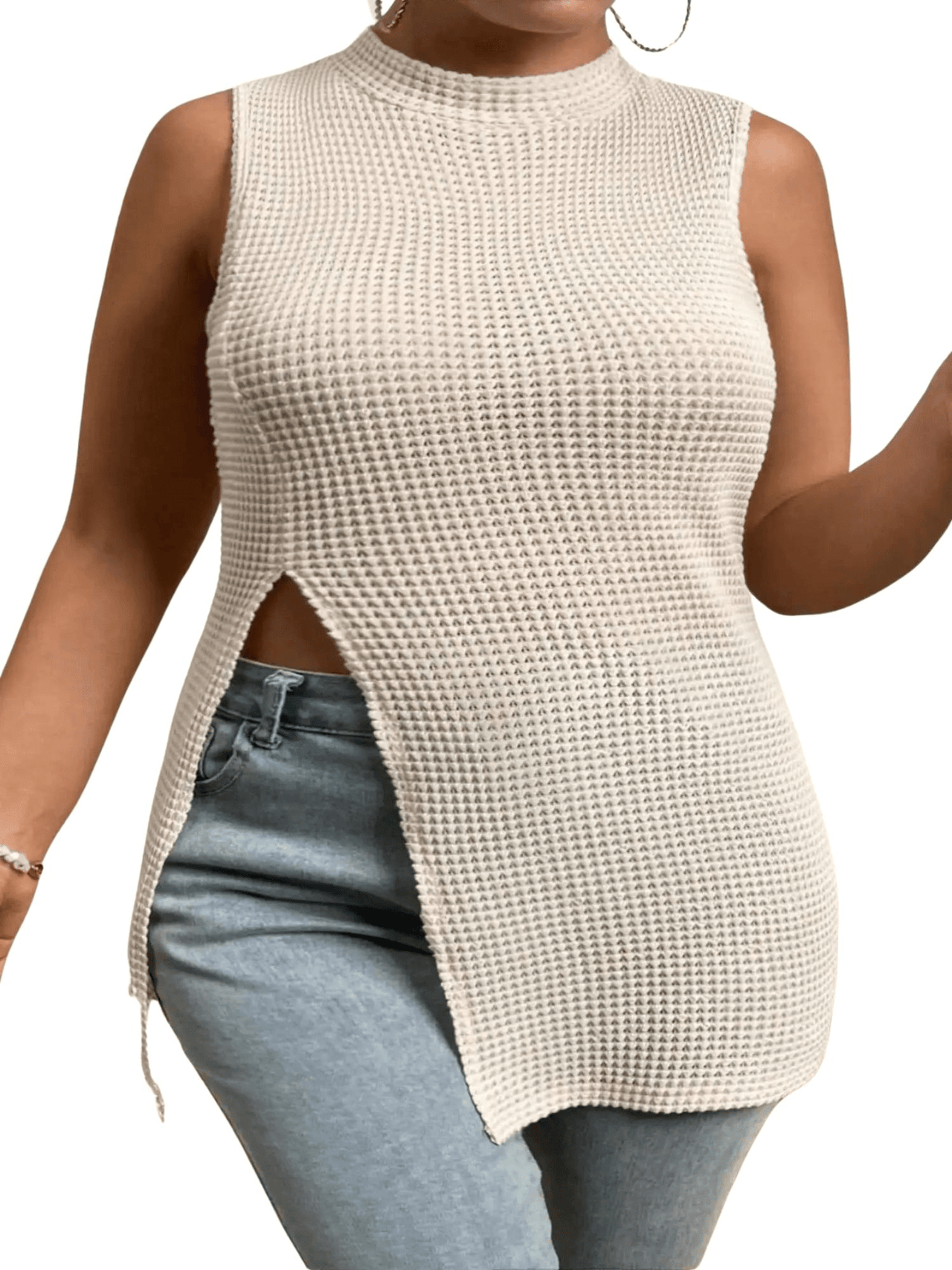 Summer Popular Women's Plus Size Sleeveless Shirt Color Round-Neck Knitted Sleeveless Pullover Sexy Hollow Split Tight Hip Wrap Long Top, Drestiny, Beige, Casual Shirts, Sleeveless, 0XL, 1XL, 2XL, 3XL, 4XL, 5XL, United States, USA, Gender_Women, Australia, Canada, New Zealand, United Kingdom, UK, plus size tops, plus size shirts, shopdrestiny.com