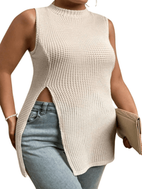 Thumbnail for Summer Popular Women's Plus Size Sleeveless Shirt Color Round-Neck Knitted Sleeveless Pullover Sexy Hollow Split Tight Hip Wrap Long Top, Drestiny, Beige, Casual Shirts, Sleeveless, 0XL, 1XL, 2XL, 3XL, 4XL, 5XL, United States, USA, Gender_Women, Australia, Canada, New Zealand, United Kingdom, UK, plus size tops, plus size shirts, shopdrestiny.com