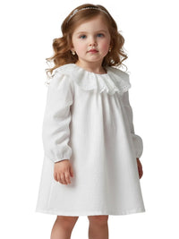 Thumbnail for Young girl wearing a white dress with a ruffled collar on a white background