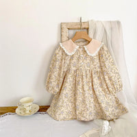 Thumbnail for Floral dress with lace collar on a wooden hanger against a white background