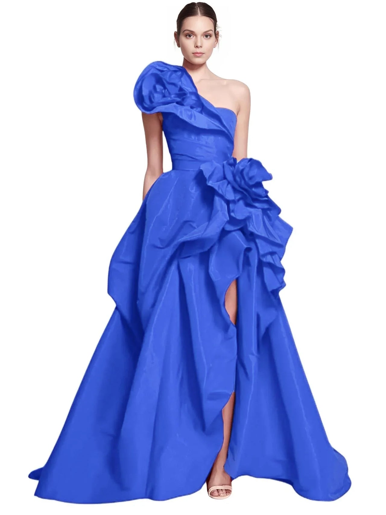 Royal blue one-shoulder gown with a large floral detail on a white background