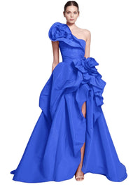 Thumbnail for Royal blue one-shoulder gown with a large floral detail on a white background