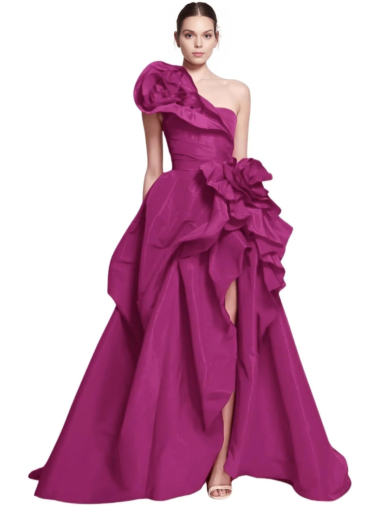 Pink one-shoulder gown with a large floral detail on a white background