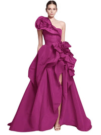 Thumbnail for Pink one-shoulder gown with a large floral detail on a white background