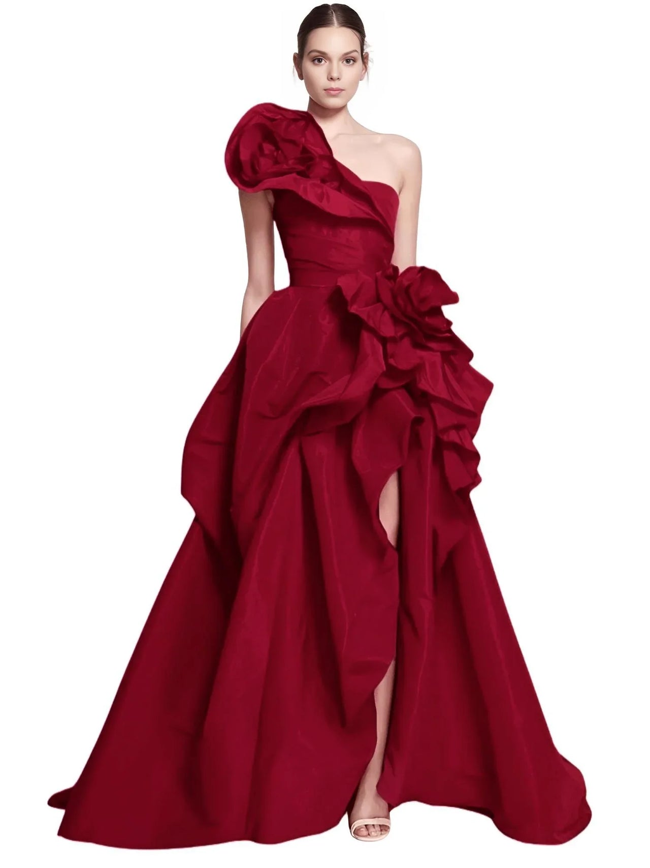 Wine red one-shoulder gown with floral details on a white background