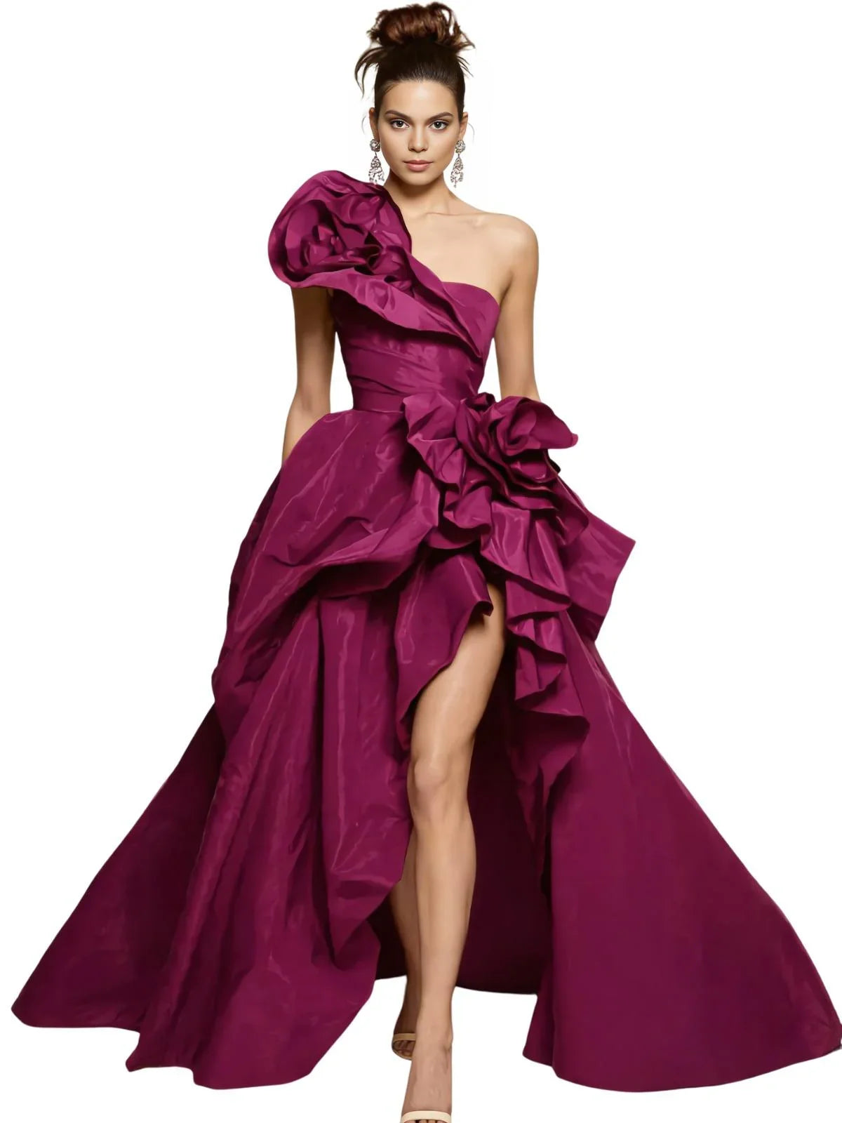 Woman wearing a purple one-shoulder gown with a large bow detail on a white background