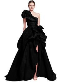 Thumbnail for Black one-shoulder evening gown with ruffled details on a white background