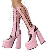 Thumbnail for Thick Sole Calf Boots Hollow Side Zipper Square Heel Pole Dance Shoes Super Heel Sexy Boots Large Size Footwear, Platform Mid Calf Boots, Chunky Heel Mid Calf Boots, Platform Heeled Ankle Boots, High Heel Platform Boots, Block Heel Mid Calf Boots, United States, Custom-Made, Canada, Australia, New Zealand, United Kingdom, Black Matte, Pink-Black, Gold Glitter, Pink, Pink Satin, Silver, Shiny Black, Light Blue, Purple, Ivory, Custom Color, 6, 6.5, 7.5, 8.5, 9, 9.5, 10, 10.5, shopdrestiny.com