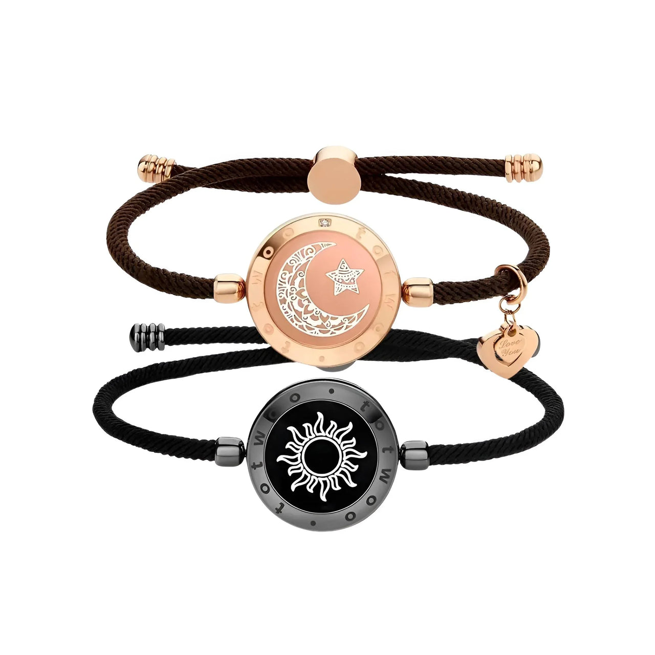 Bracelet with rose gold and black components featuring celestial designs on a white background
