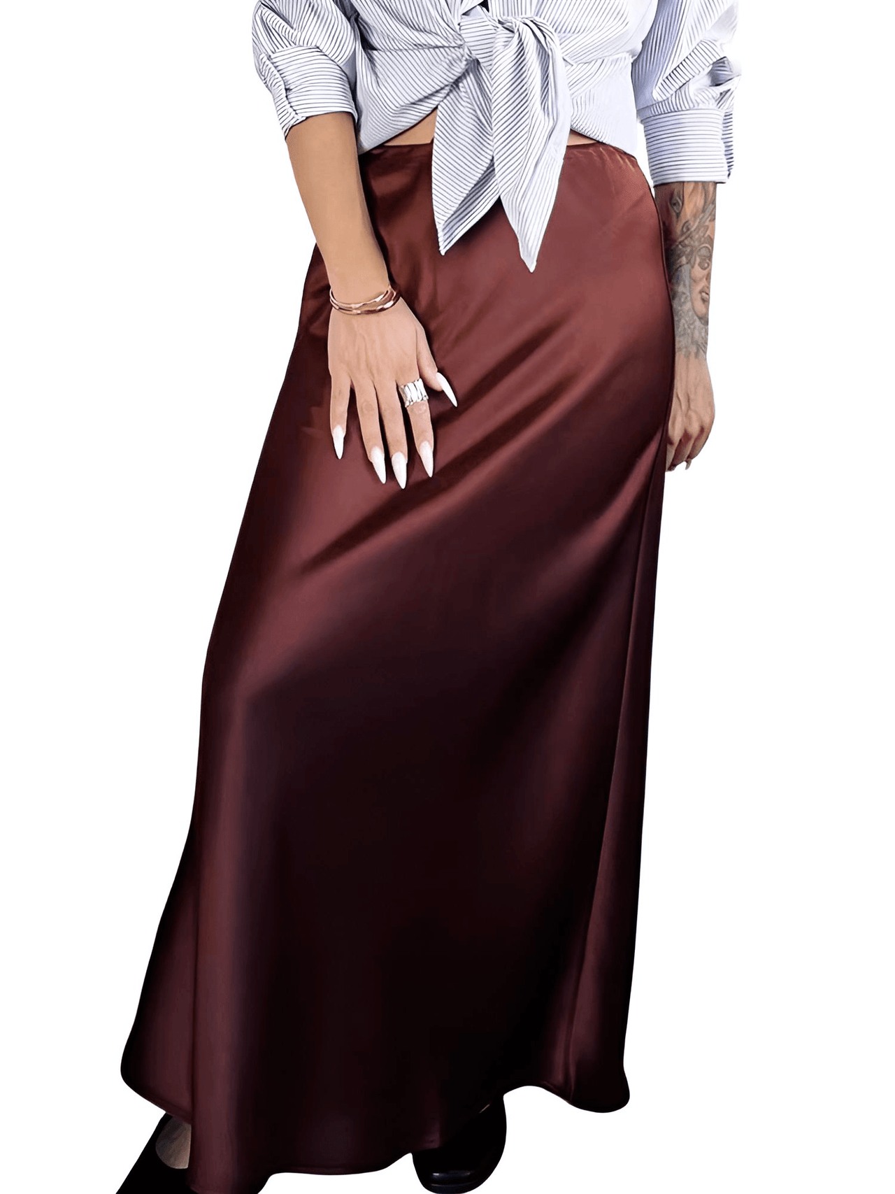 Trendy High Waist A Line Long Satin Skirts For Women -, Skirts, Drestiny, Australia, Brown, Chocolate, Grey, Black, Beige, Dark Green, Army Green, Navy Blue, Blue Grey, Wine Red, Champagne, FR, Grey, L, M, New Zealand, S, Skirts, United Kingdom, United States, XL, Drestiny, long satin skirt, satin maxi skirt, silk satin skirt, satin slip skirt maxi, brown satin maxi skirt, www.shopdrestiny.com