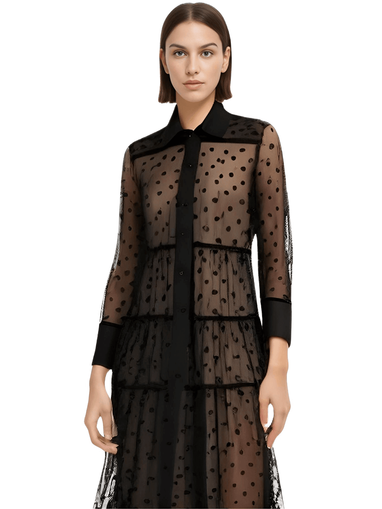 Trendy black shirt dress for women featuring a chic polka dot see-through design. Get free shipping and tax covered at Drestiny. Save up to 50%!