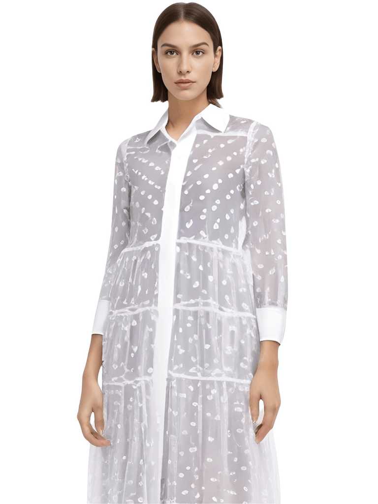 Trendy white shirt dress for women featuring a chic polka dot see-through design. Get free shipping and tax covered at Drestiny. Save up to 50%!