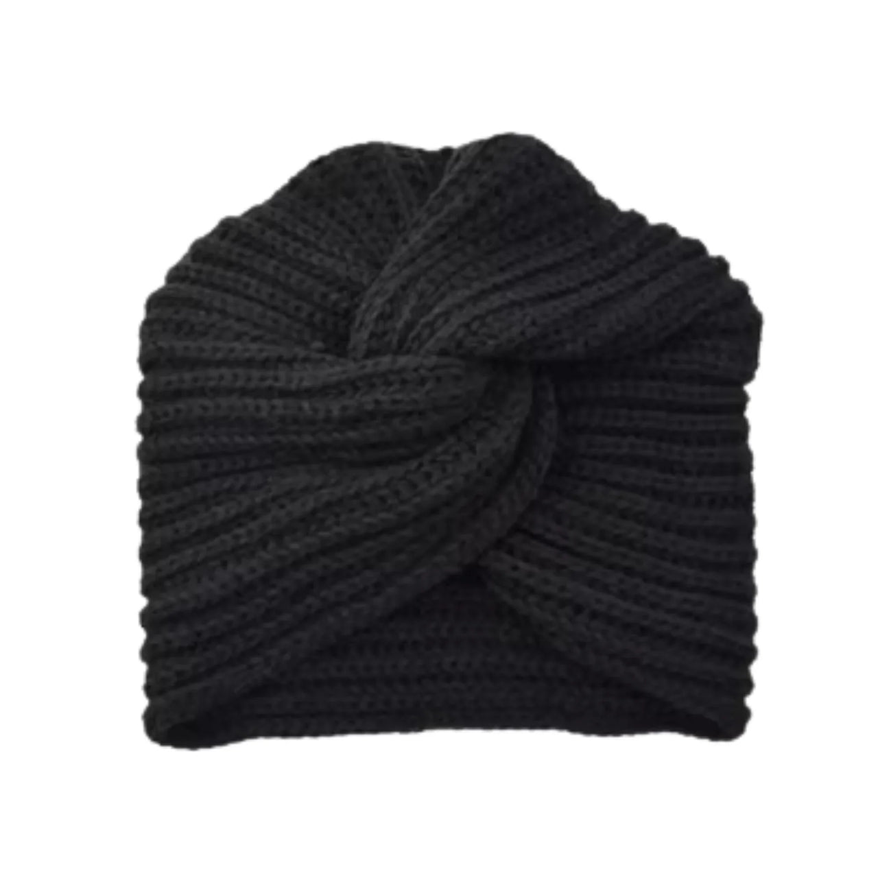 Black knitted turban on a white background