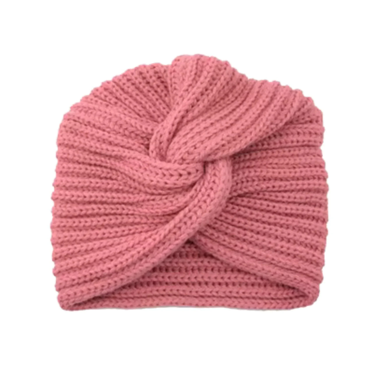 Pink knitted turban on a white background