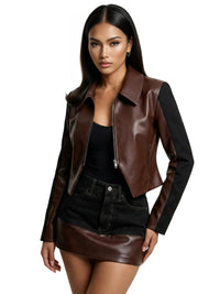 Thumbnail for Two Piece Vintage Y2K Color Block Patchwork Leather Denim Suit Womens Brown Zipper Jacket and Black Skirt Two Tone Design Two-Piece Fashion Set