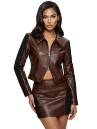 Thumbnail for Two Piece Vintage Y2K Color Block Patchwork Leather Denim Suit Womens Brown Zipper Jacket and Black Skirt Two Tone Design Two-Piece Fashion Set