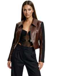 Thumbnail for Two Piece Vintage Y2K Color Block Patchwork Leather Denim Suit Womens Brown Zipper Jacket and Black Skirt Two Tone Design Two-Piece Fashion Set