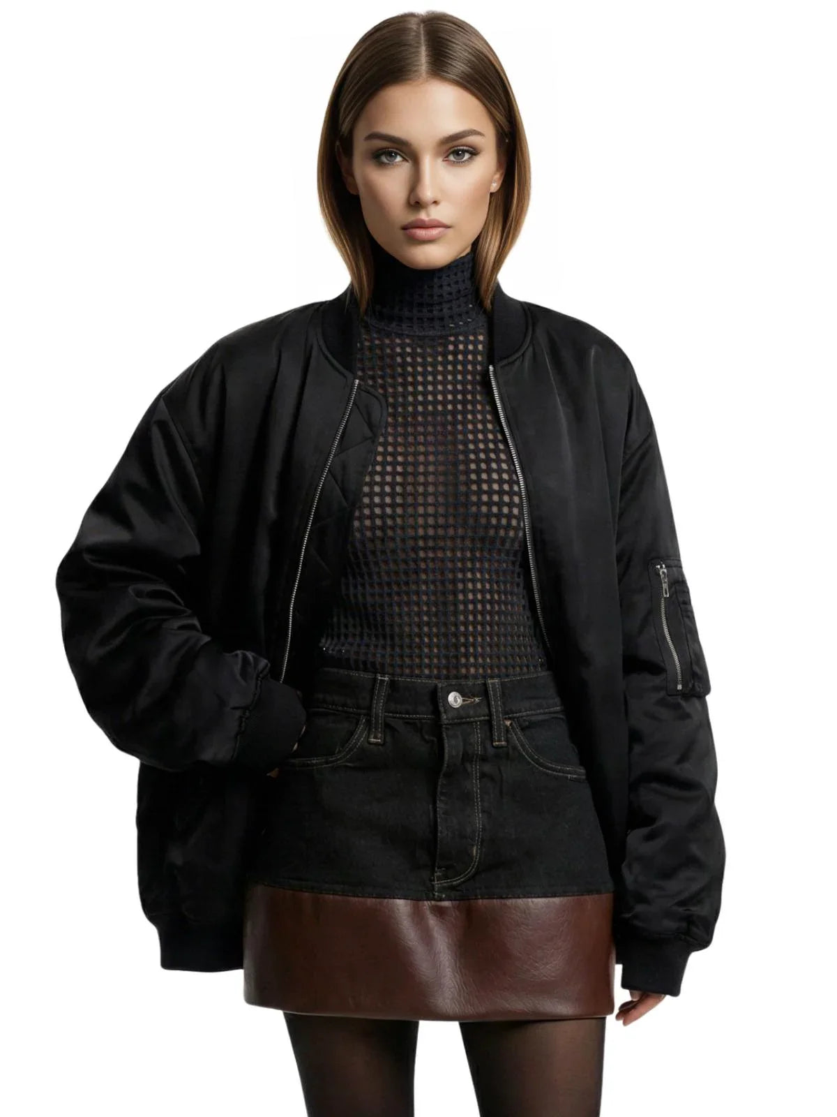 Two Piece Vintage Y2K Color Block Patchwork Leather Denim Suit Womens Brown Zipper Jacket and Black Skirt Two Tone Design Two-Piece Fashion Set
