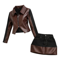 Thumbnail for Two Piece Vintage Y2K Color Block Patchwork Leather Denim Suit Womens Brown Zipper Jacket and Black Skirt Two Tone Design Two-Piece Fashion Set