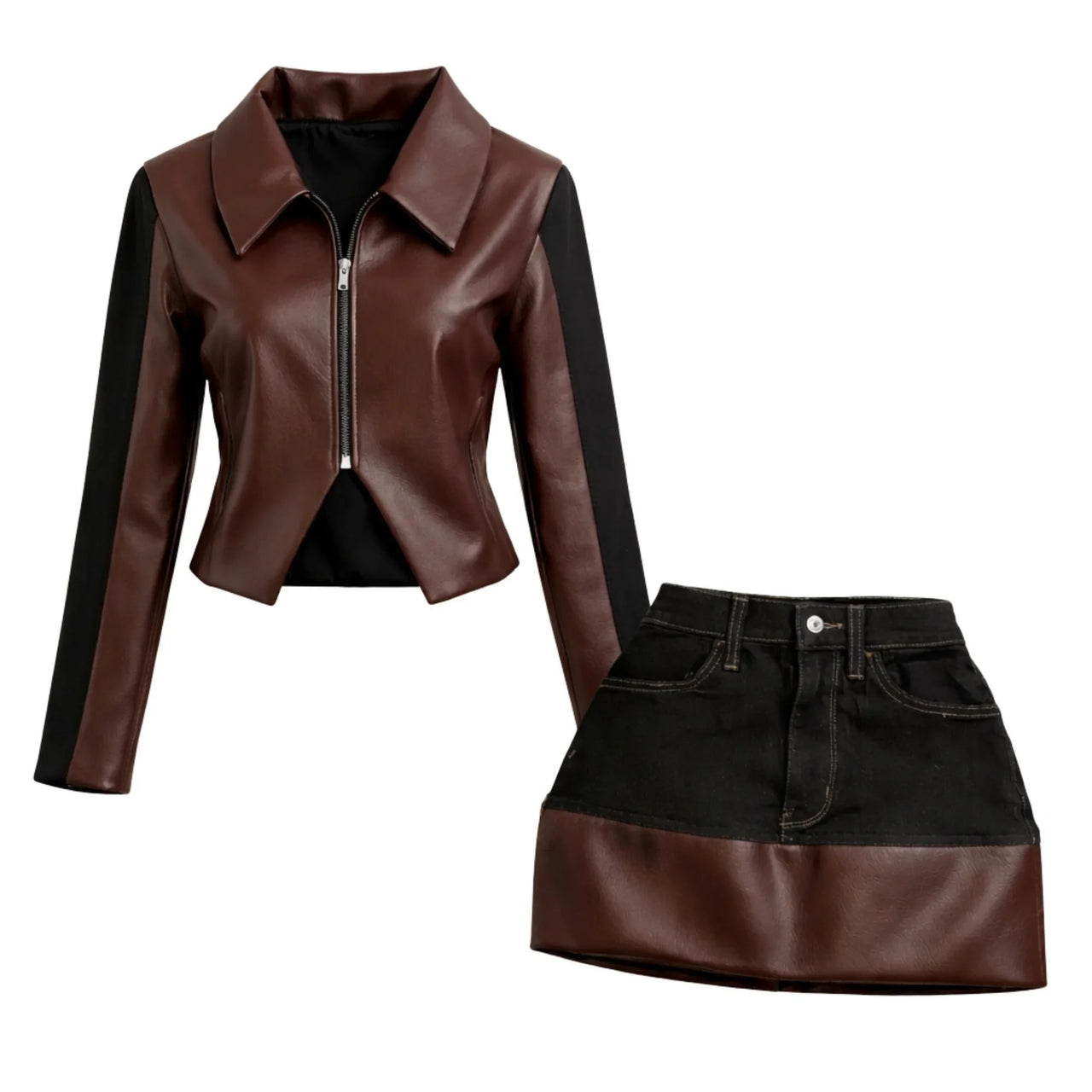 Two Piece Vintage Y2K Color Block Patchwork Leather Denim Suit Womens Brown Zipper Jacket and Black Skirt Two Tone Design Two-Piece Fashion Set