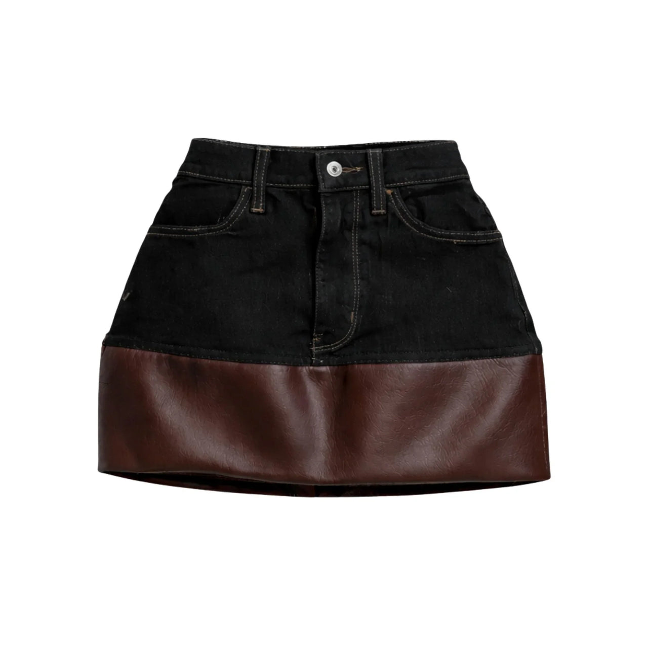 Black denim skirt with brown leather patchwork on a white background