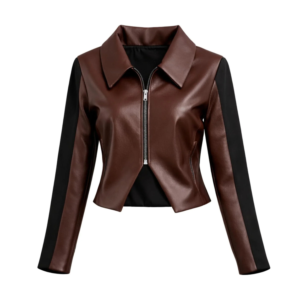 Two Piece Vintage Y2K Color Block Patchwork Leather Denim Suit Womens Brown Zipper Jacket and Black Skirt Two Tone Design Two-Piece Fashion Set