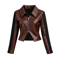 Thumbnail for Two Piece Vintage Y2K Color Block Patchwork Leather Denim Suit Womens Brown Zipper Jacket and Black Skirt Two Tone Design Two-Piece Fashion Set