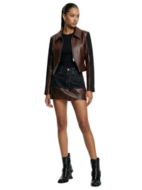 Thumbnail for Two Piece Vintage Y2K Color Block Patchwork Leather Denim Suit Womens Brown Zipper Jacket and Black Skirt Two Tone Design Two-Piece Fashion Set
