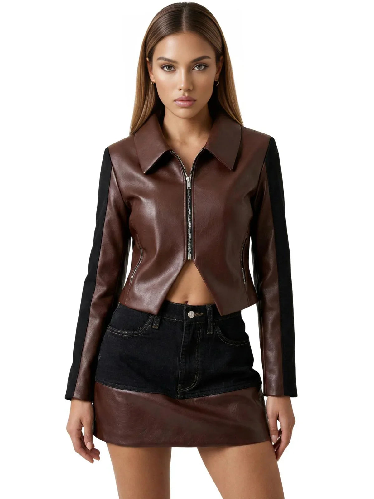 Two Piece Vintage Y2K Color Block Patchwork Leather Denim Suit Womens Brown Zipper Jacket and Black Skirt Two Tone Design Two-Piece Fashion Set
