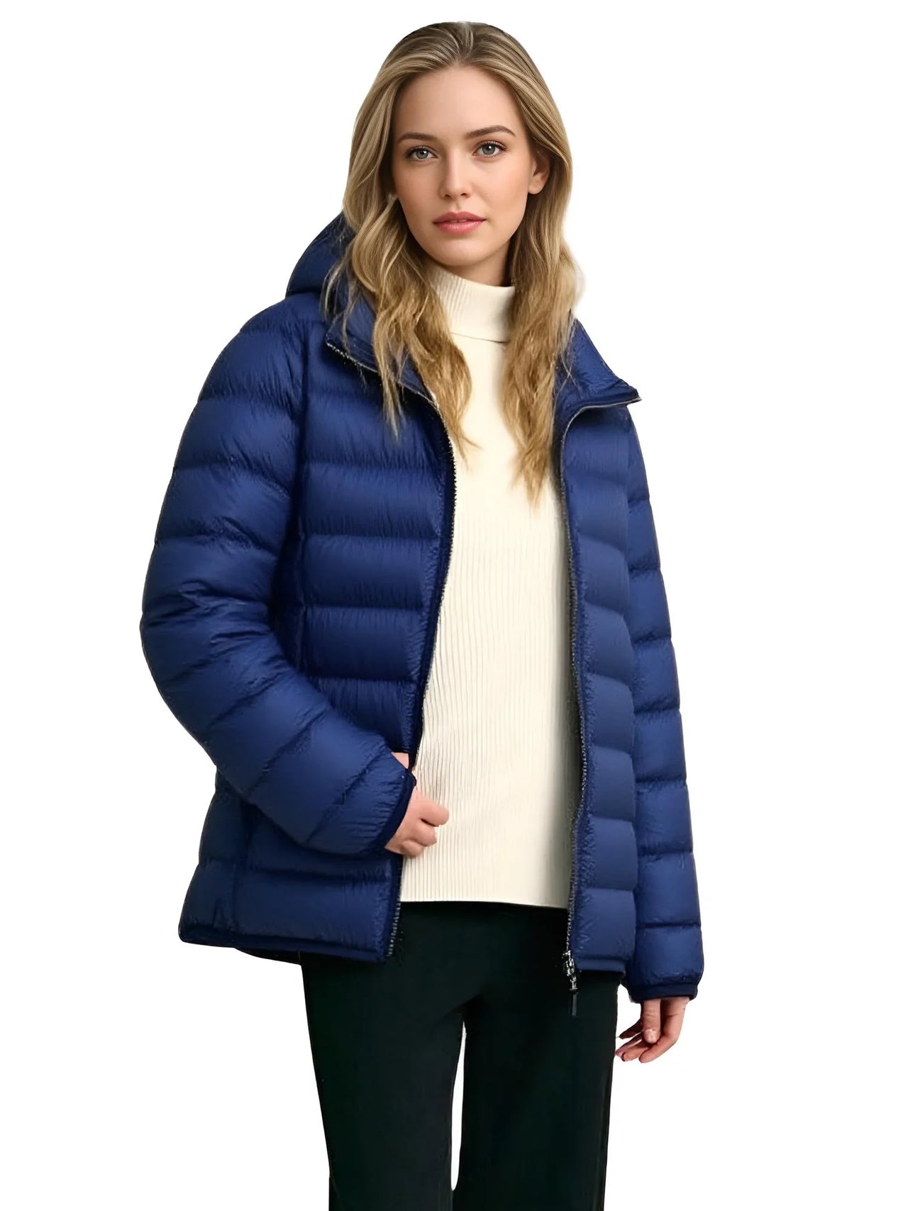 Woman wearing a blue puffer jacket on a white background