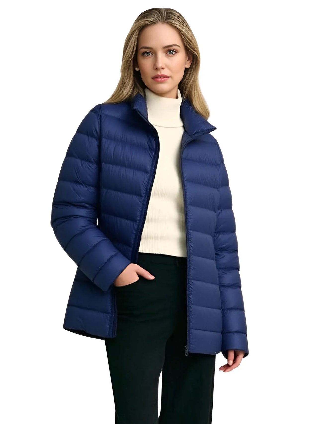 Woman wearing a dark blue puffer jacket on a white background