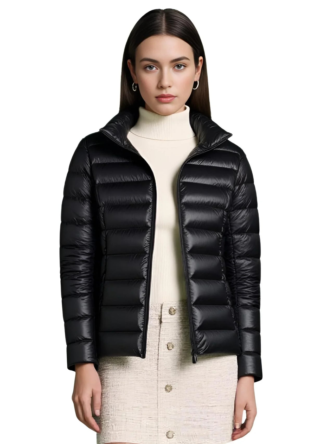 Woman wearing a black puffer duck down jacket on a white background