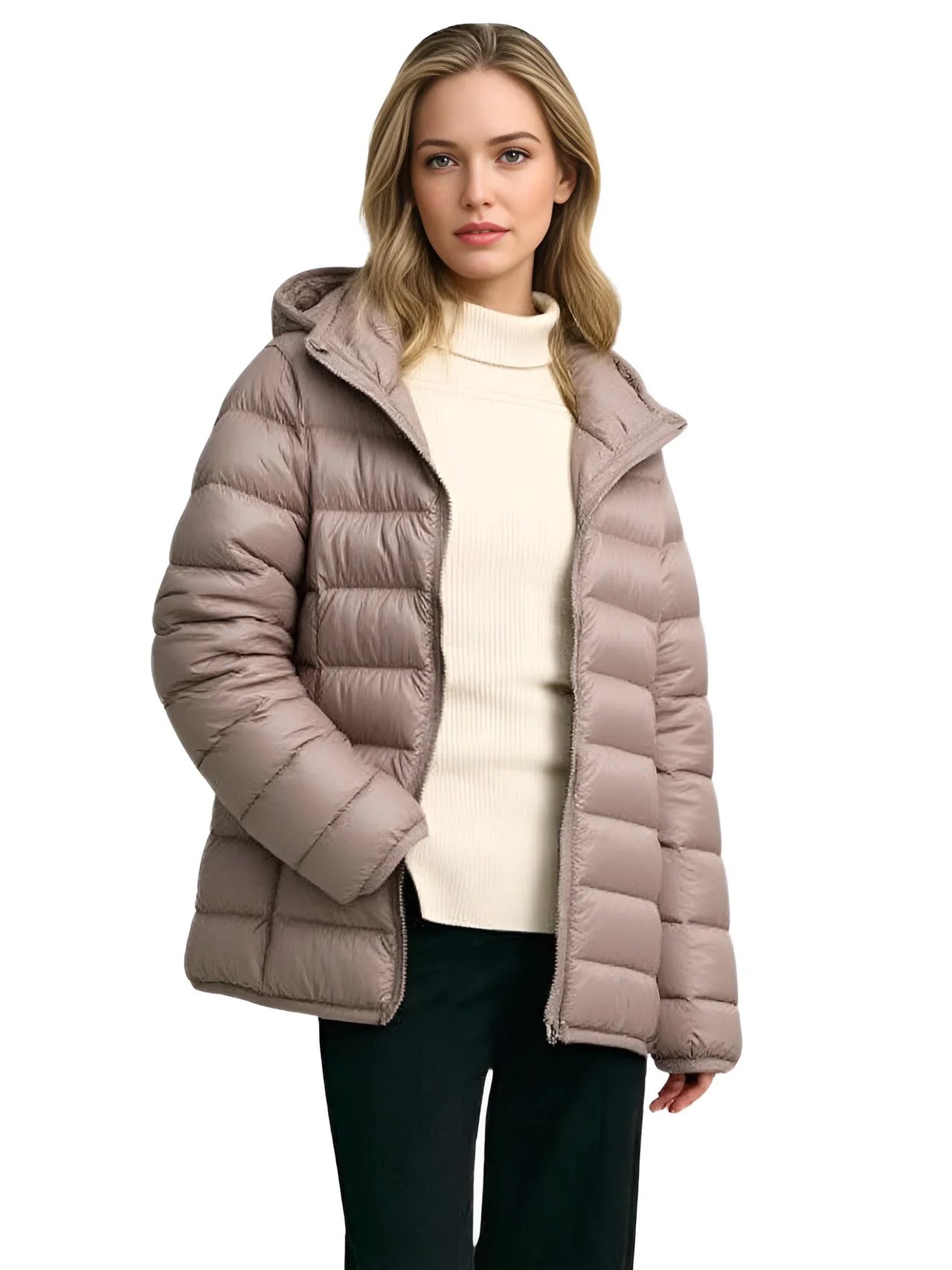 Woman wearing a khaki puffer jacket on a white background