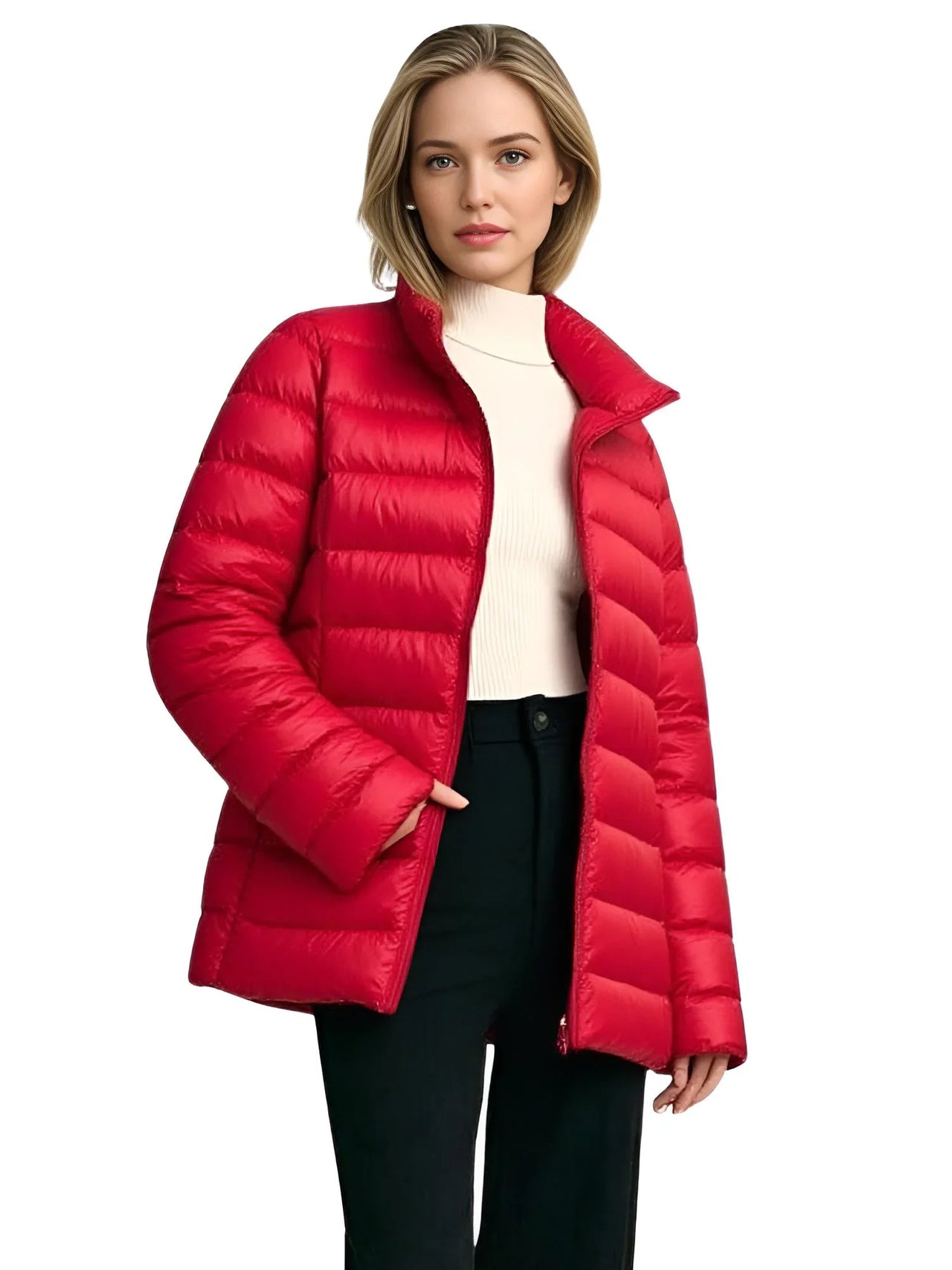 Woman wearing a red puffer jacket on a white background